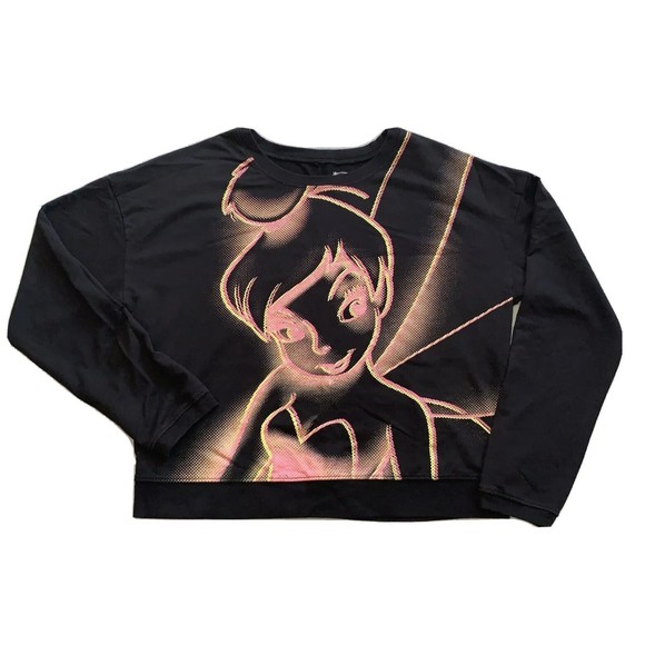 Disney Glowing Tinkerbell Sweatshirt Black L 11/13 Juniors Long Sleeve‎ Tink - Picture 1 of 9